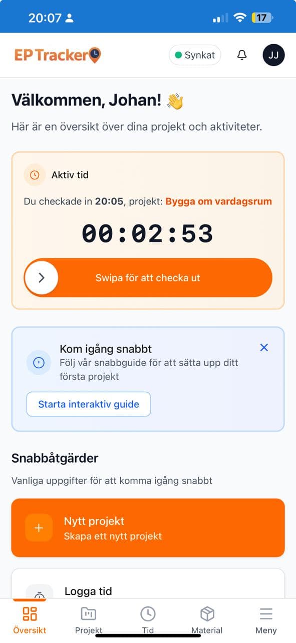EP-Tracker översikt med aktiv tid