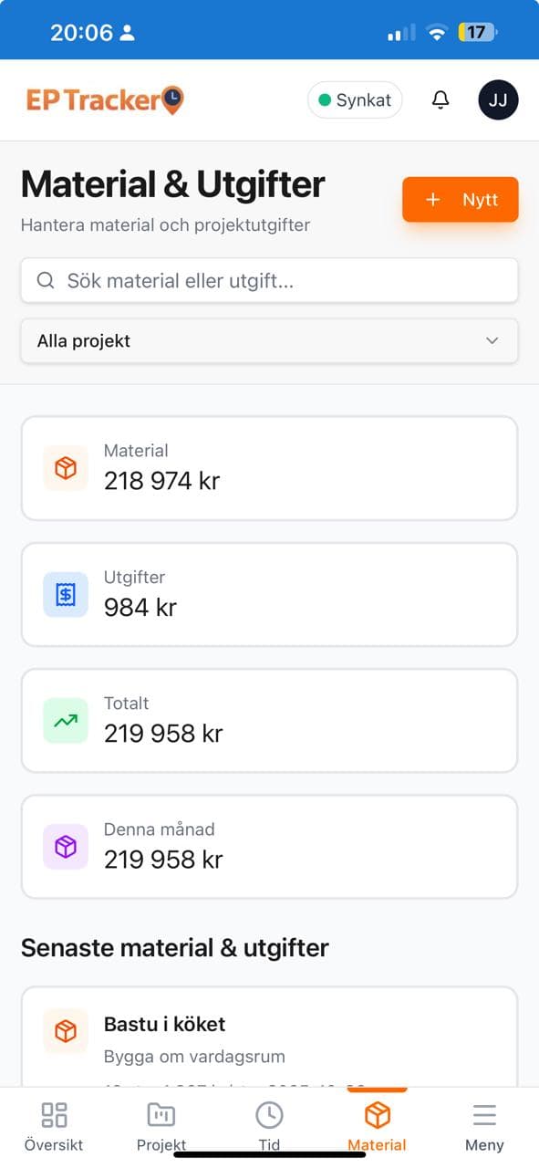 EP-Tracker material och utgifter